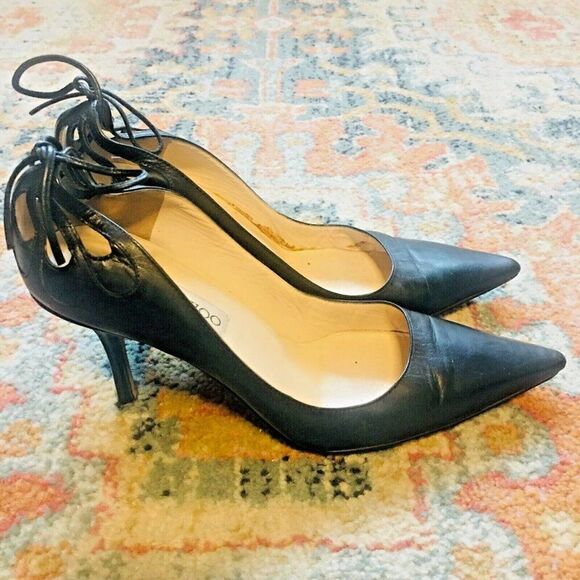 JIMMY CHOO Y2K Black Leather Bow Butterfly Cutouts Heels Pumps Shoes 37.5/7 - Picture 8 of 14